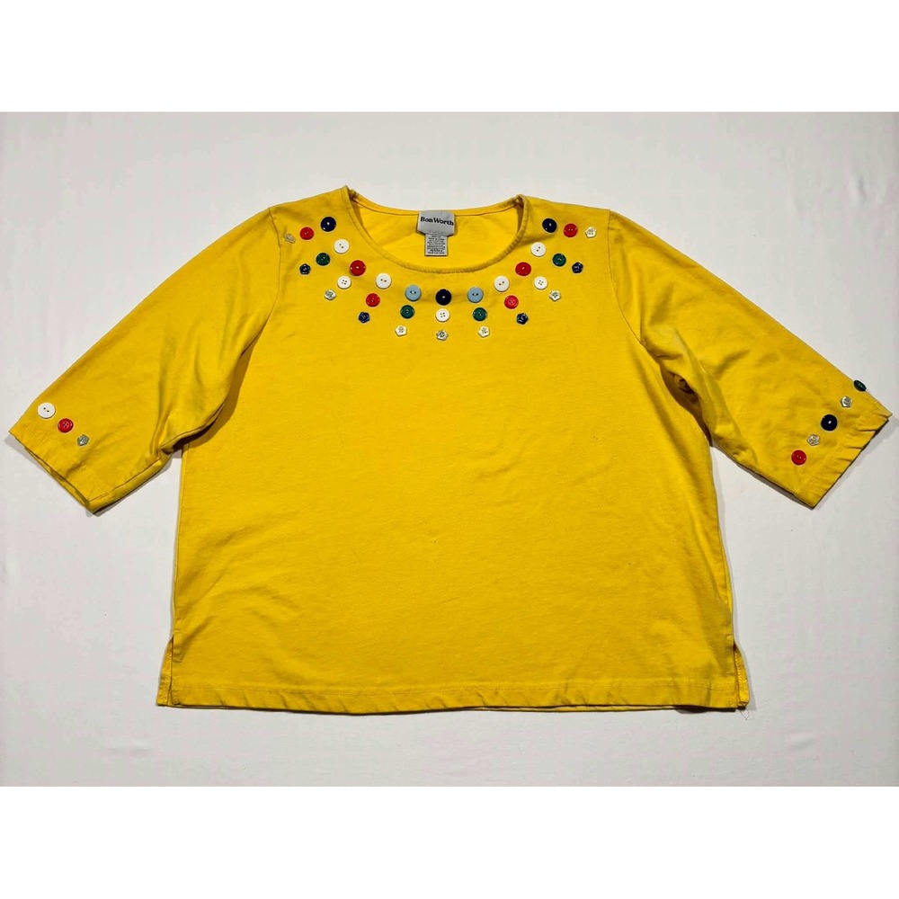 BonWorth‎ Yellow Button Neckline 3/4 Sleeve Top Petite Small